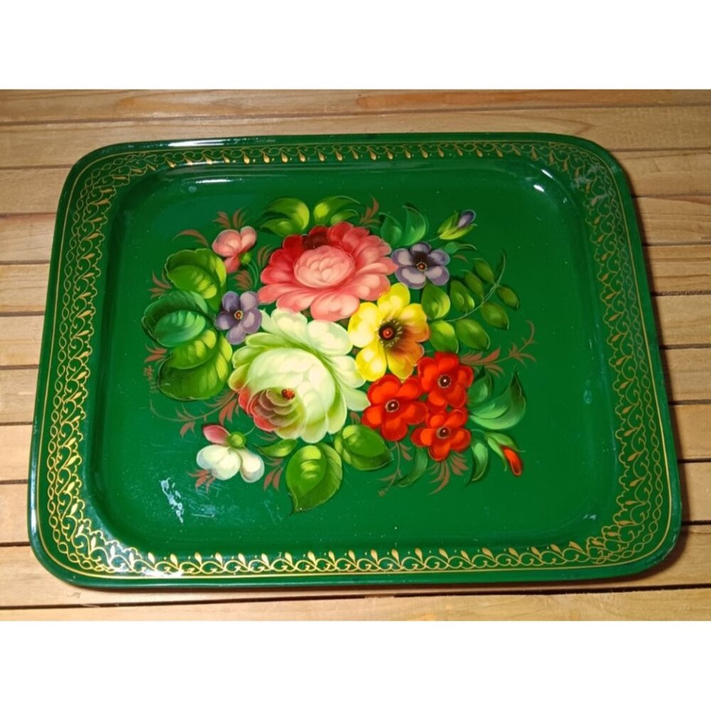 VTG Zhostovo Tray Metal Hand Painted Artist Signed Tole Rosemaling 17.5" x 13.5"